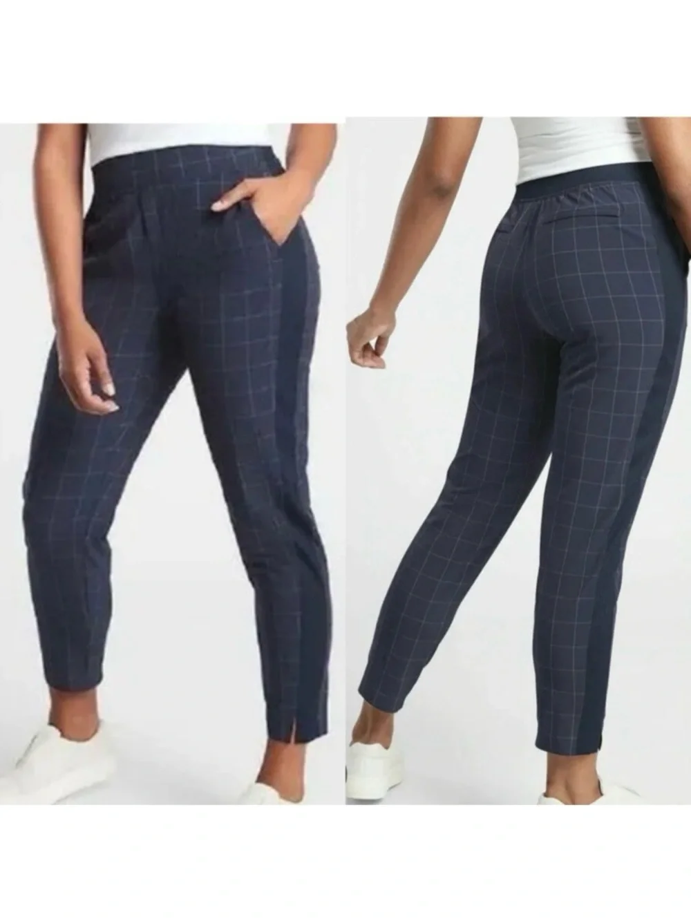 Athleta Brooklyn Textured Ankle Pant Windowpane Navy Blue High Rise